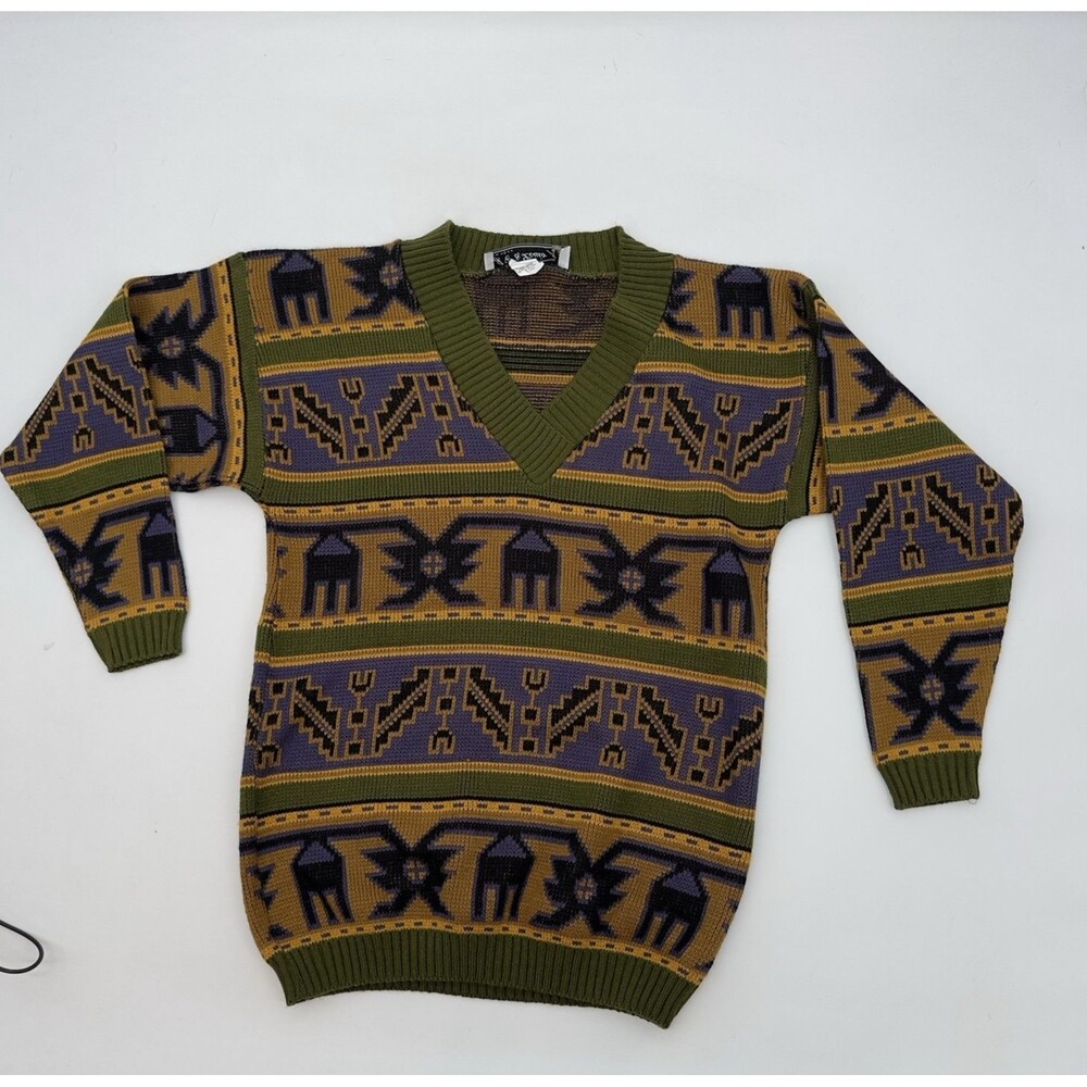 Vtg 70s Mens Disco Skinny Fit Knit L/S V-Neck Geometric Sweater Shirt‎ S yellow